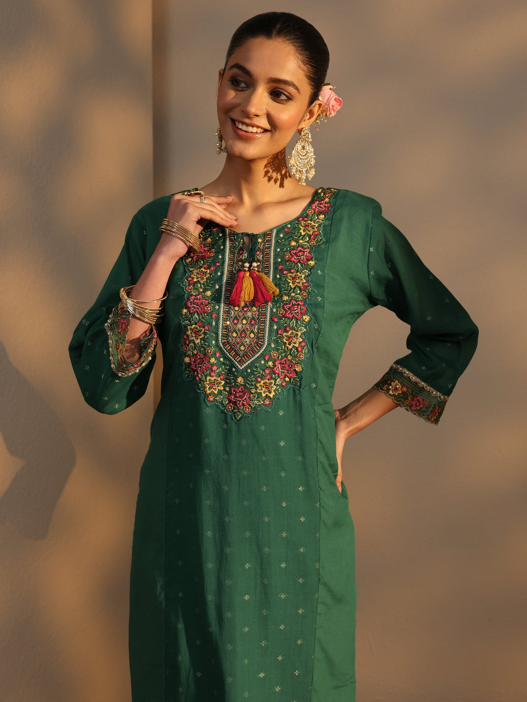  Green Woven Design Chanderi Cotton Straight Suits Set With Dupatta 