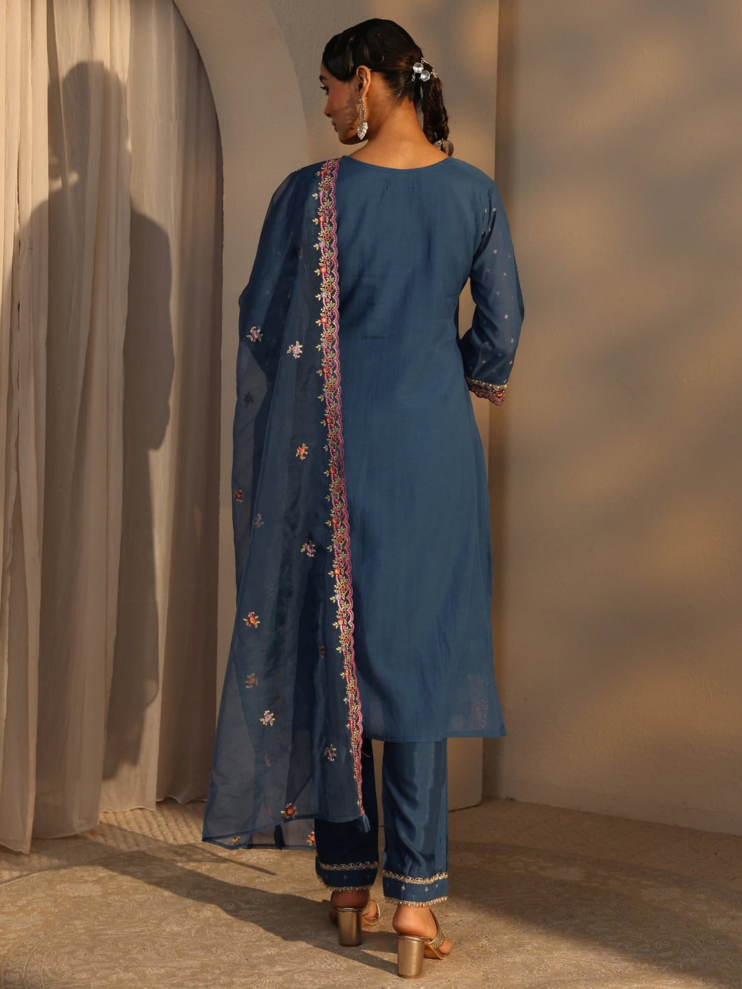  Blue Woven Design Chanderi Cotton Straight Suits Set With Dupatta 
