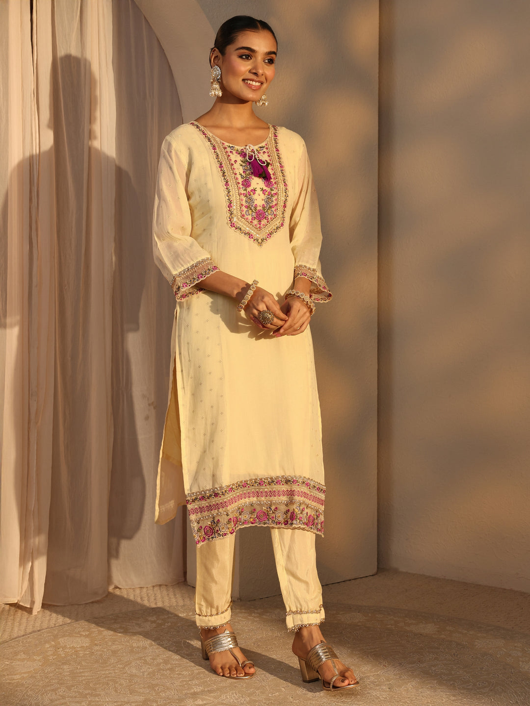  Cream Woven Design Chanderi Cotton Straight Suits Set With Dupatta 