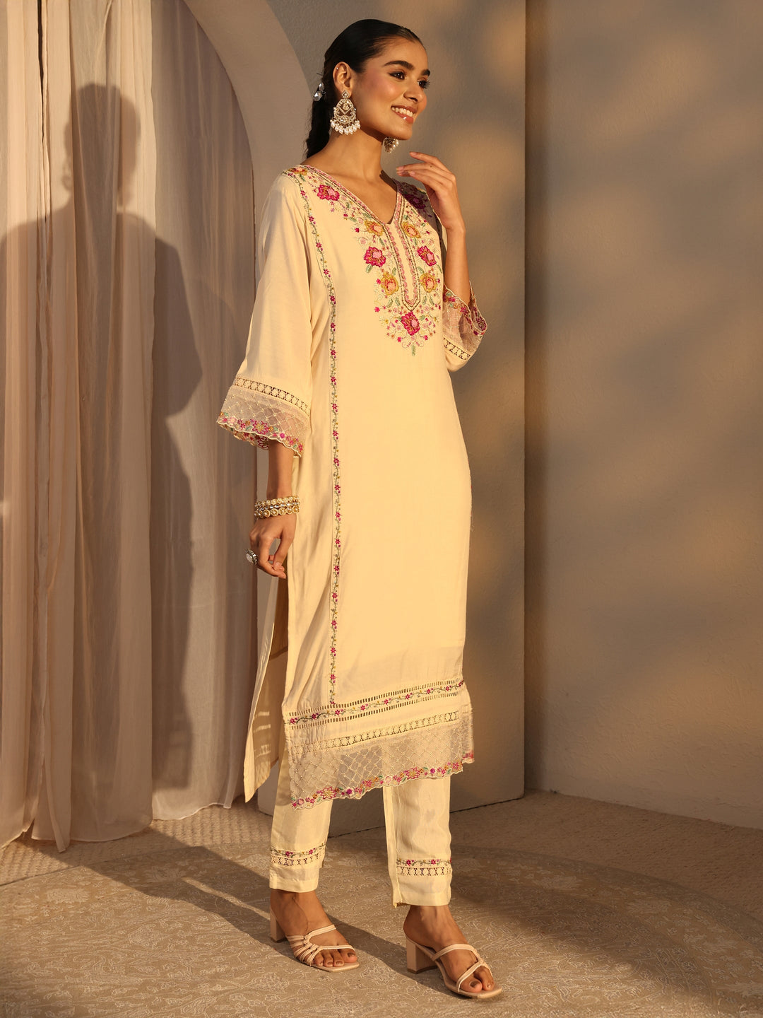  Cream Ethnic Embroidered Silk Blend Straight Suits Set With Dupatta 
