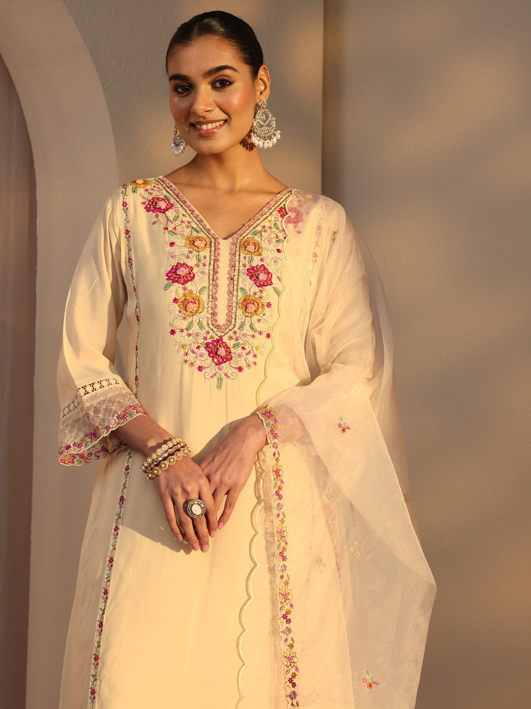  Cream Ethnic Embroidered Silk Blend Straight Suits Set With Dupatta 