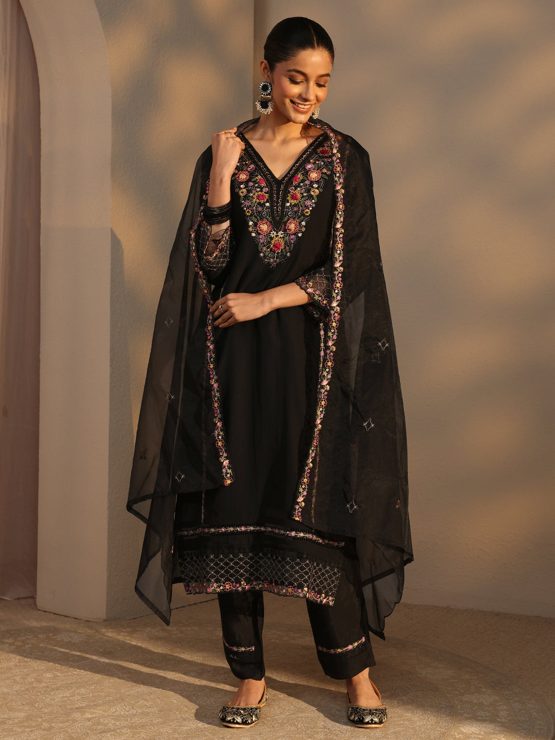  Black Ethnic Embroidered Silk Blend Straight Suits Set With Dupatta 