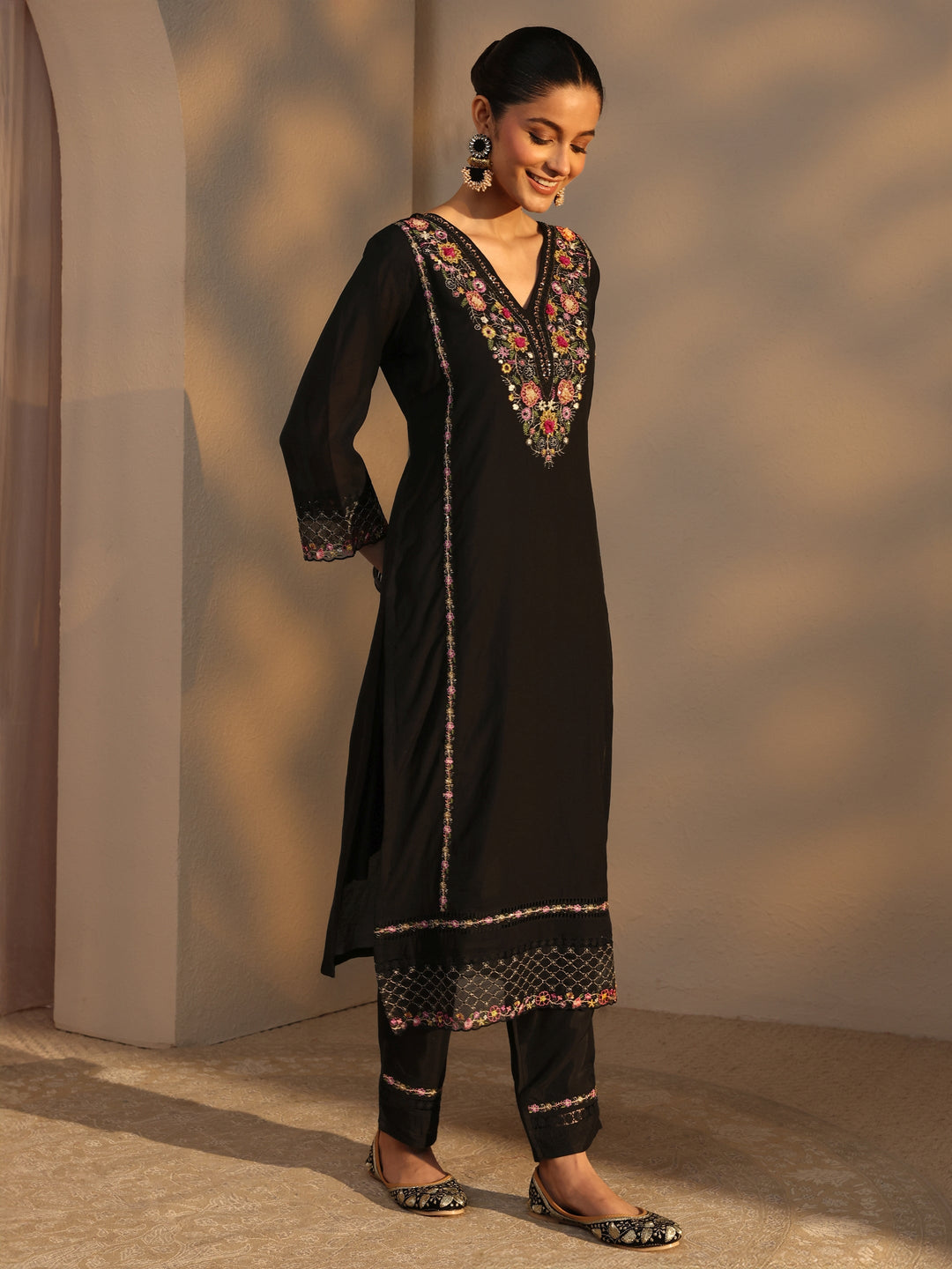  Black Ethnic Embroidered Silk Blend Straight Suits Set With Dupatta 