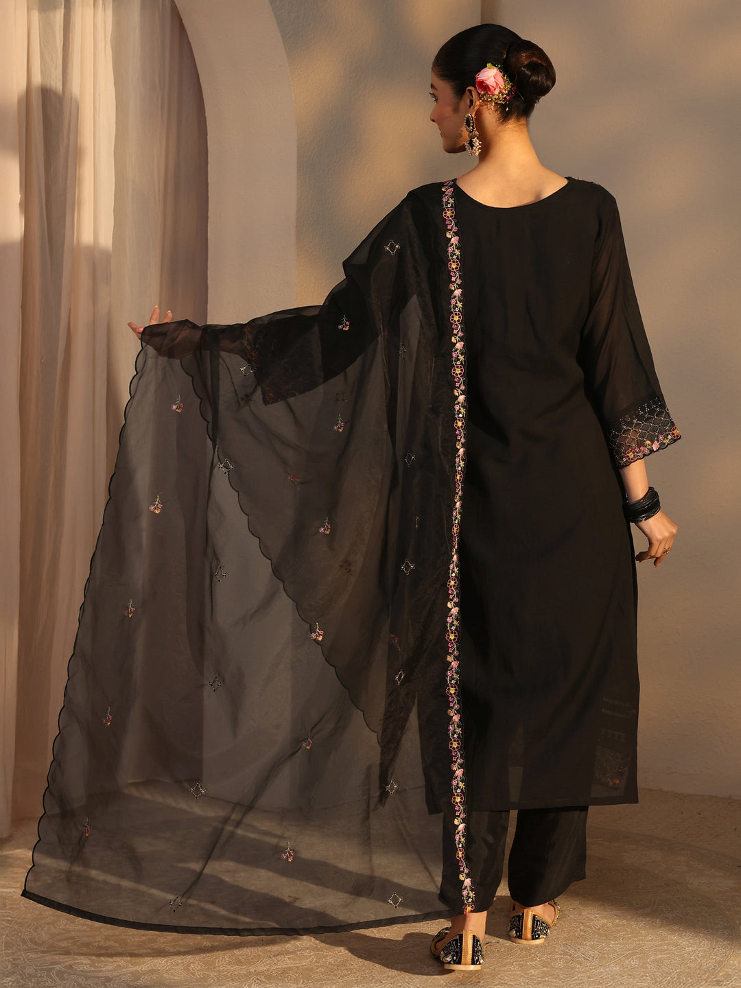  Black Ethnic Embroidered Silk Blend Straight Suits Set With Dupatta 