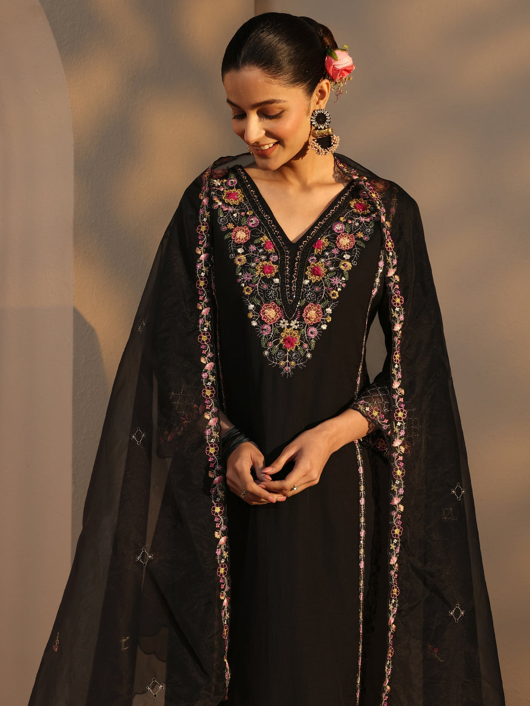  Black Ethnic Embroidered Silk Blend Straight Suits Set With Dupatta 