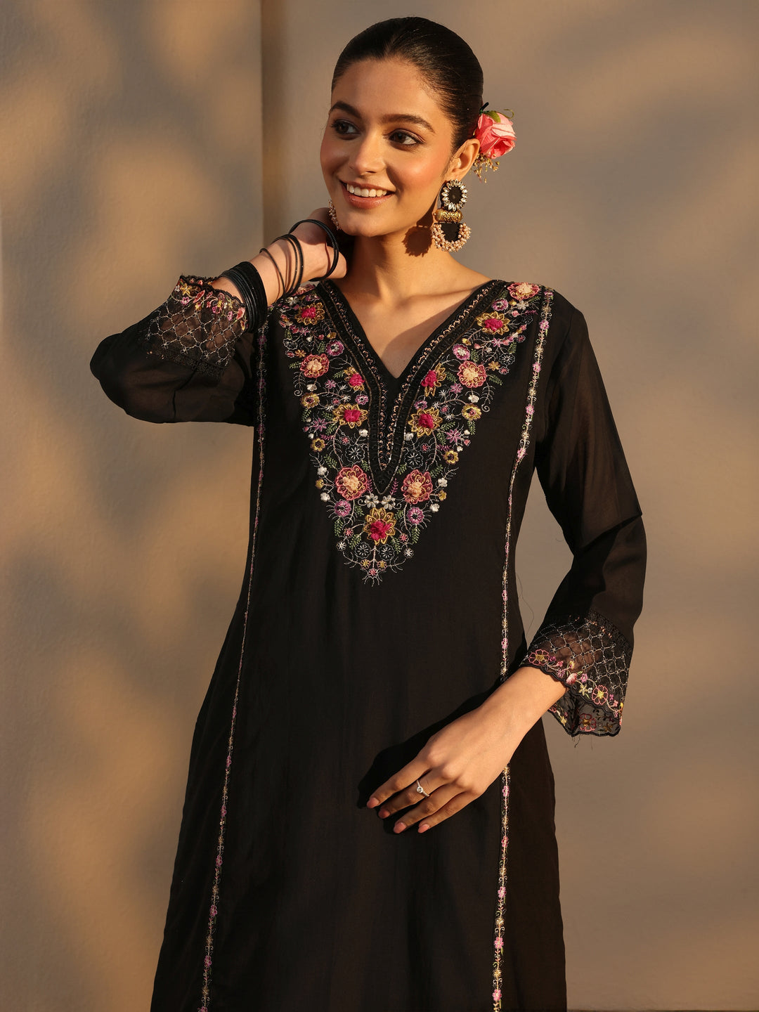  Black Ethnic Embroidered Silk Blend Straight Suits Set With Dupatta 