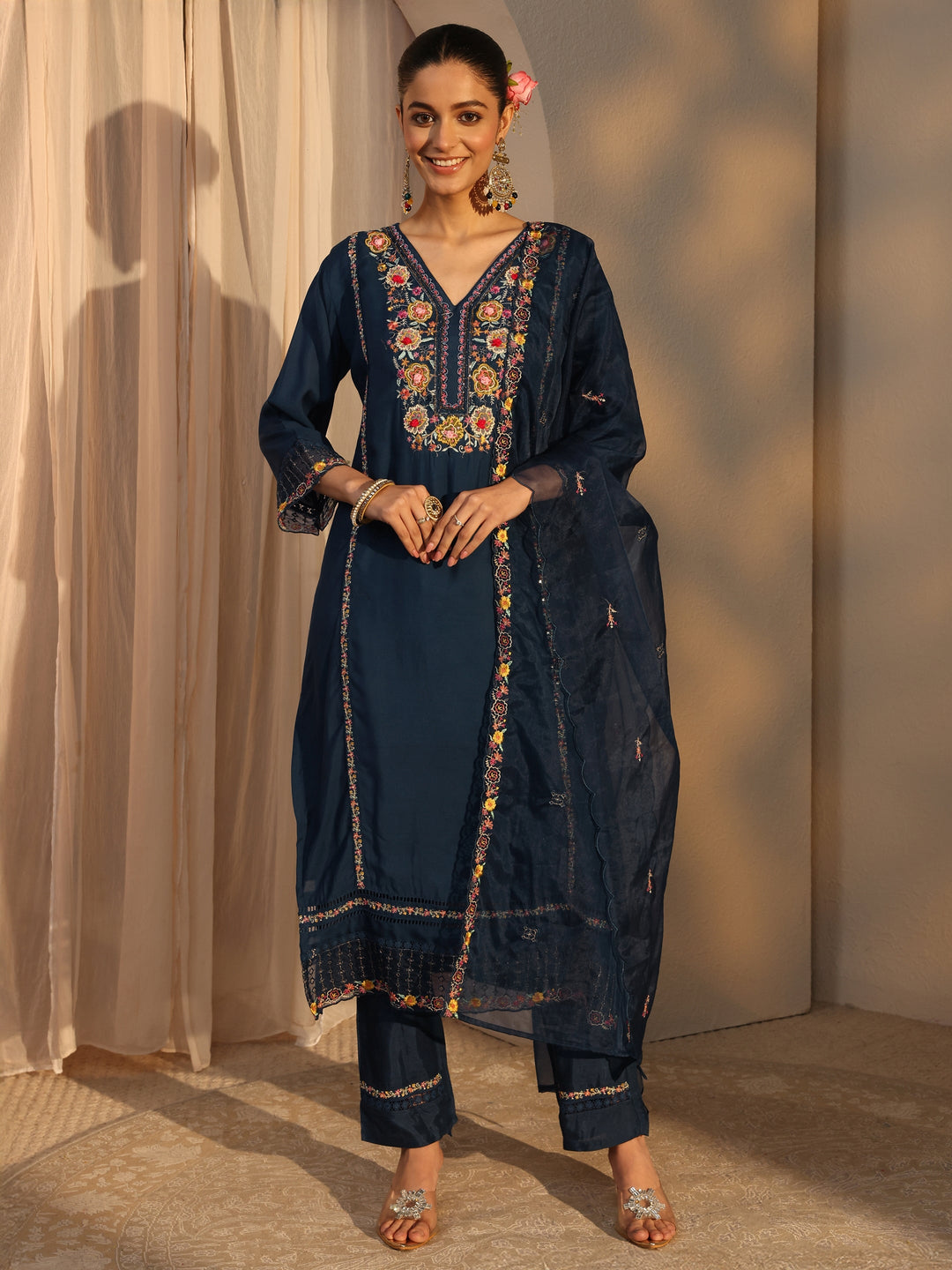  Blue Ethnic Embroidered Silk Blend Straight Suits Set With Dupatta 