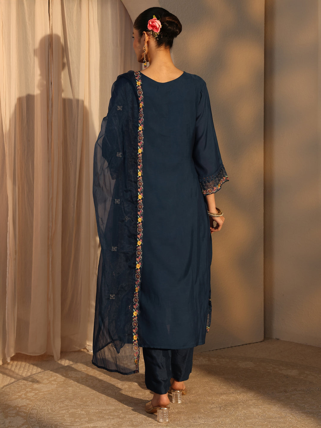  Blue Ethnic Embroidered Silk Blend Straight Suits Set With Dupatta 