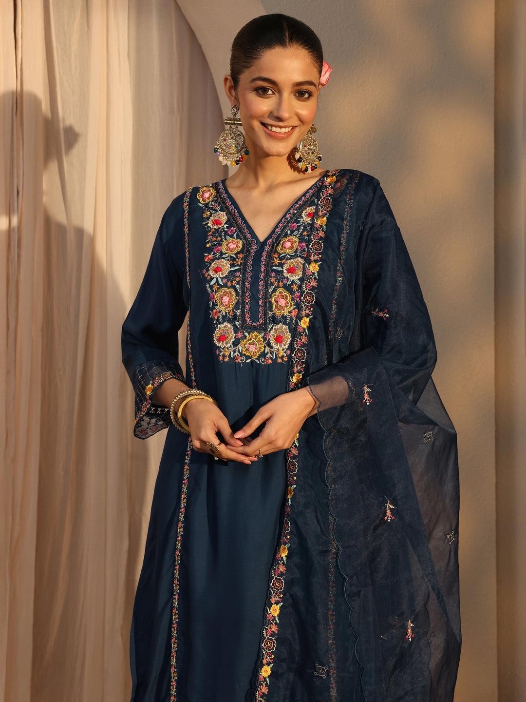  Blue Ethnic Embroidered Silk Blend Straight Suits Set With Dupatta 