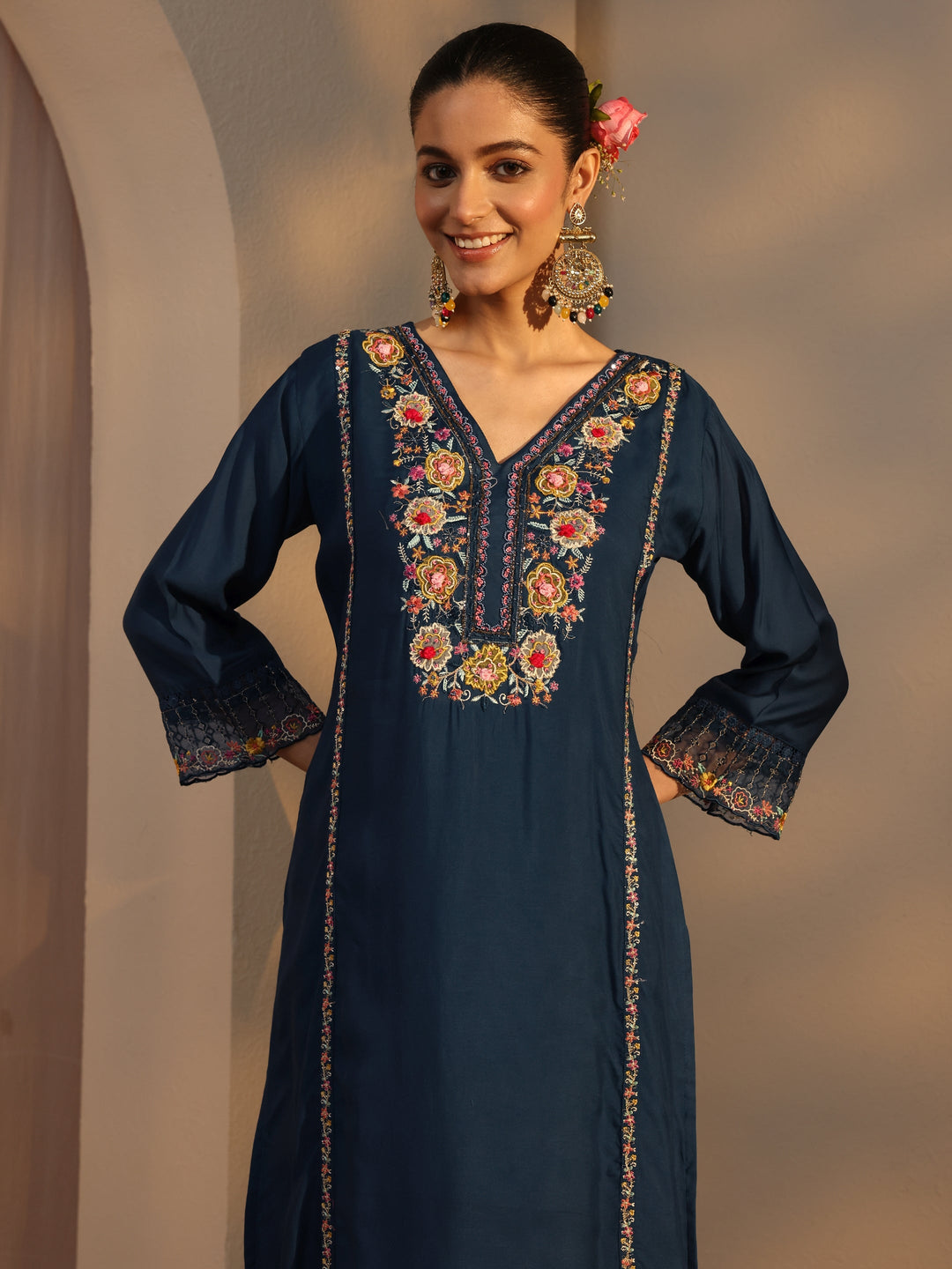  Blue Ethnic Embroidered Silk Blend Straight Suits Set With Dupatta 
