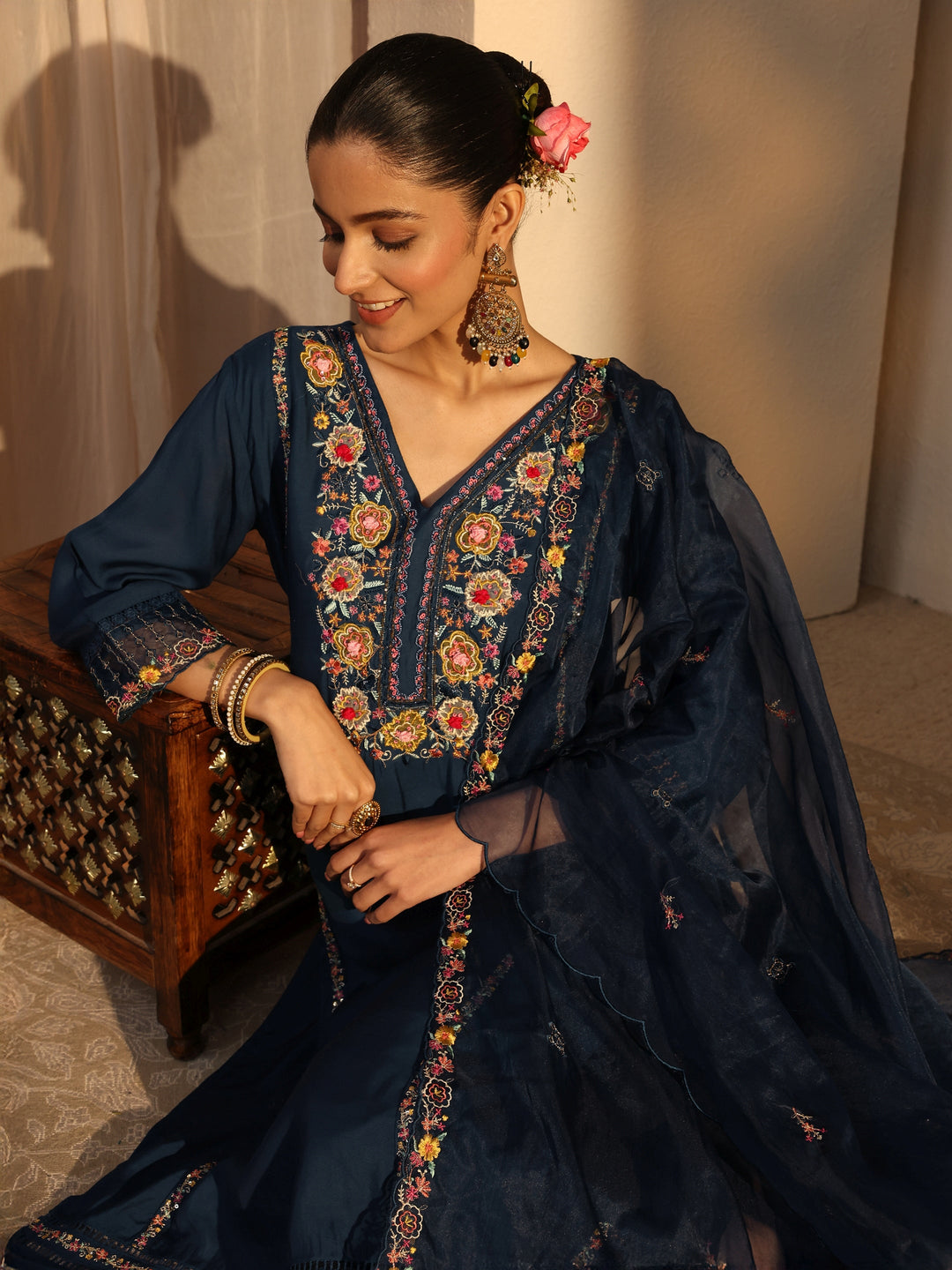  Blue Ethnic Embroidered Silk Blend Straight Suits Set With Dupatta 