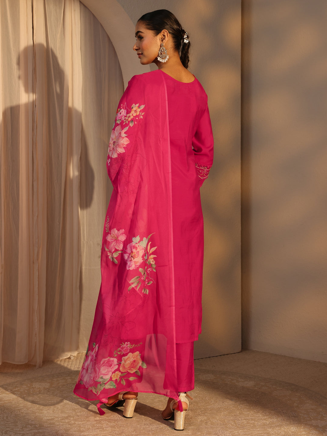  Pink Ethnic Embroidered Silk Blend A-Line Suits Set With Dupatta 