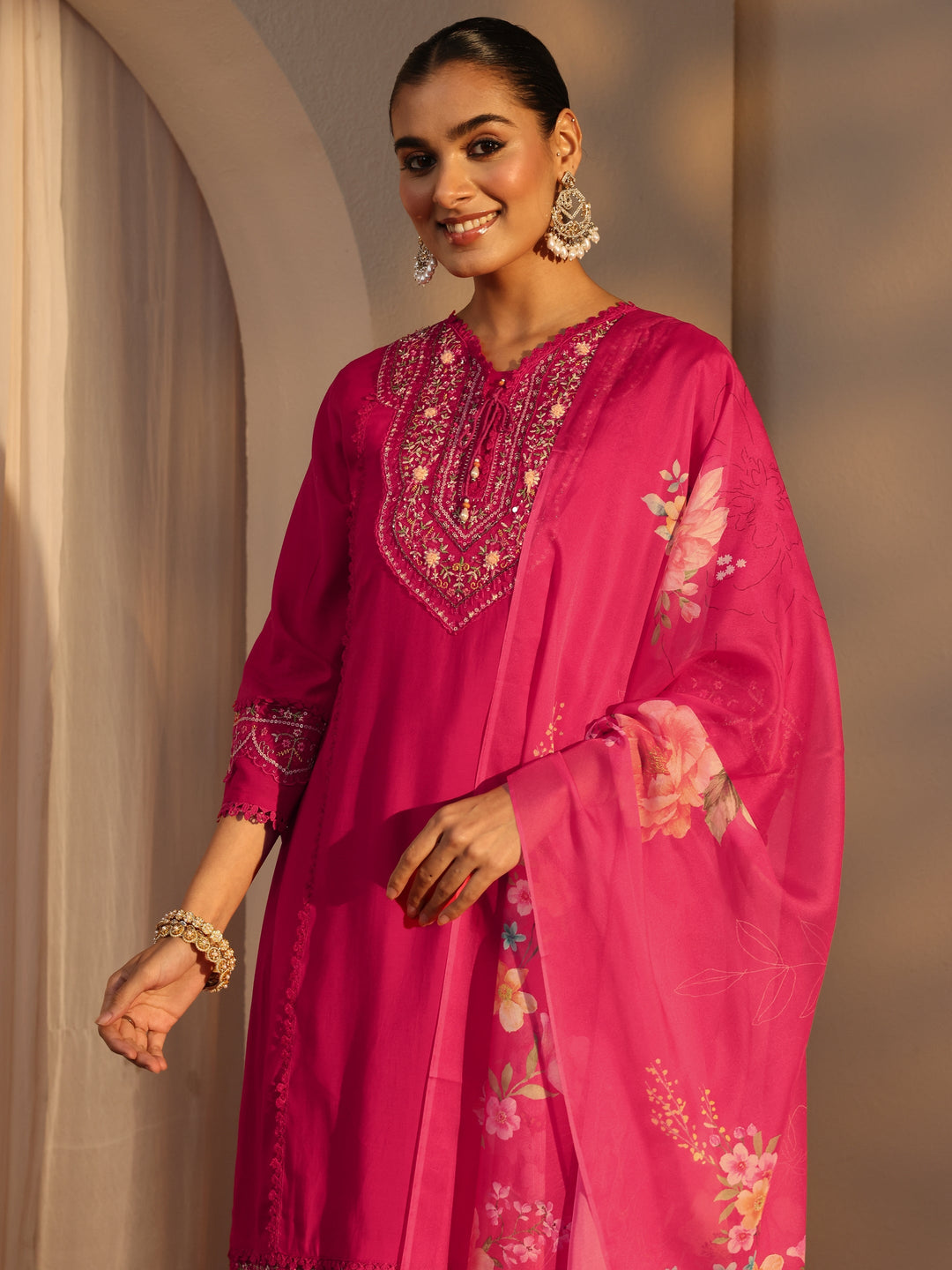  Pink Ethnic Embroidered Silk Blend A-Line Suits Set With Dupatta 