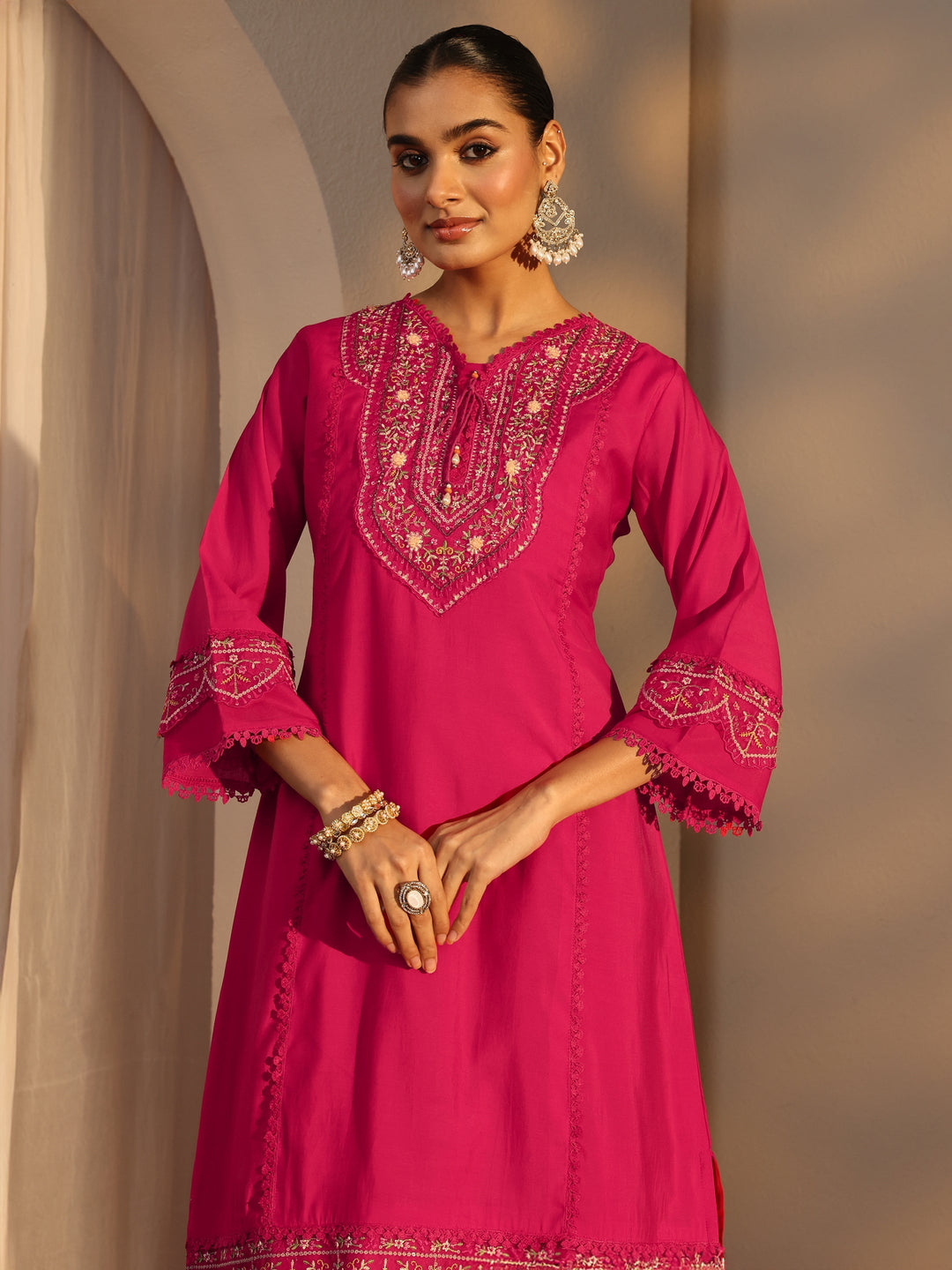  Pink Ethnic Embroidered Silk Blend A-Line Suits Set With Dupatta 