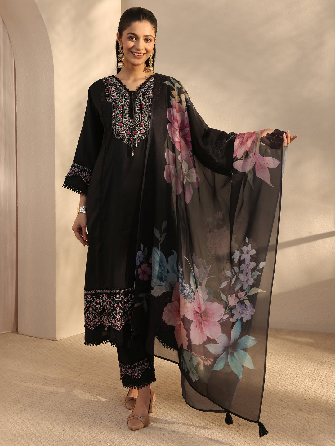  Black Ethnic Embroidered Silk Blend A-Line Suits Set With Dupatta 