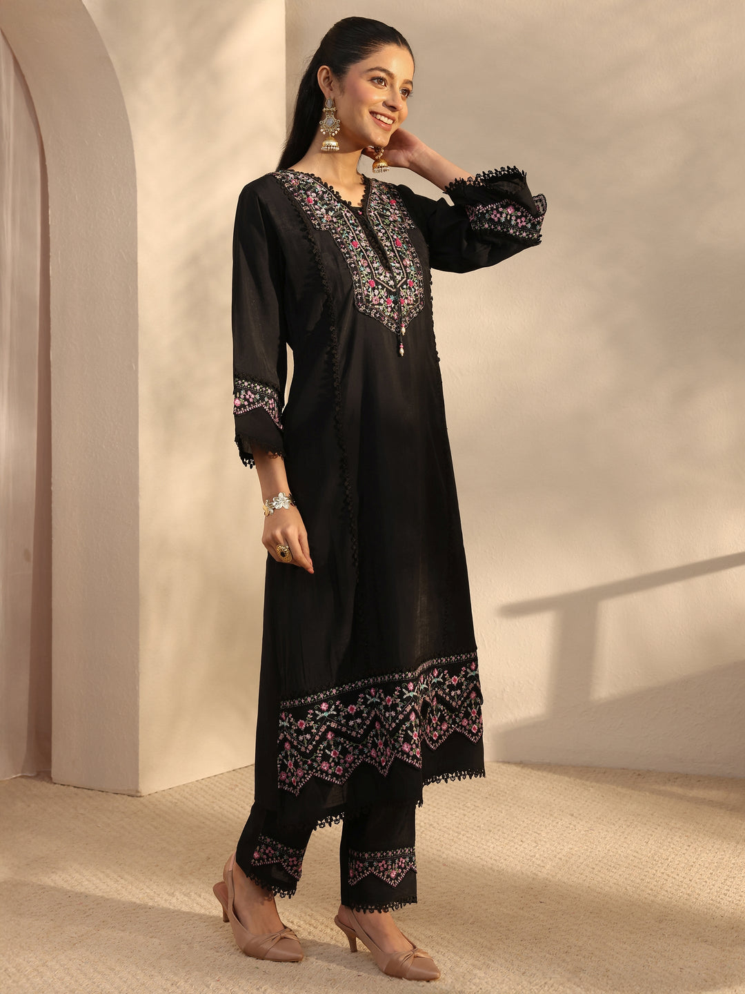  Black Ethnic Embroidered Silk Blend A-Line Suits Set With Dupatta 