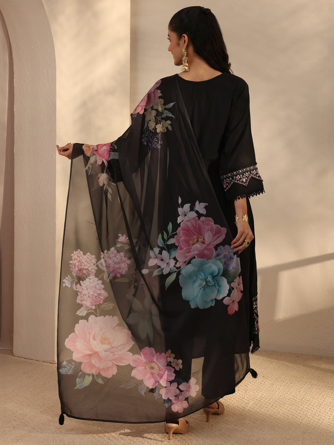  Black Ethnic Embroidered Silk Blend A-Line Suits Set With Dupatta 