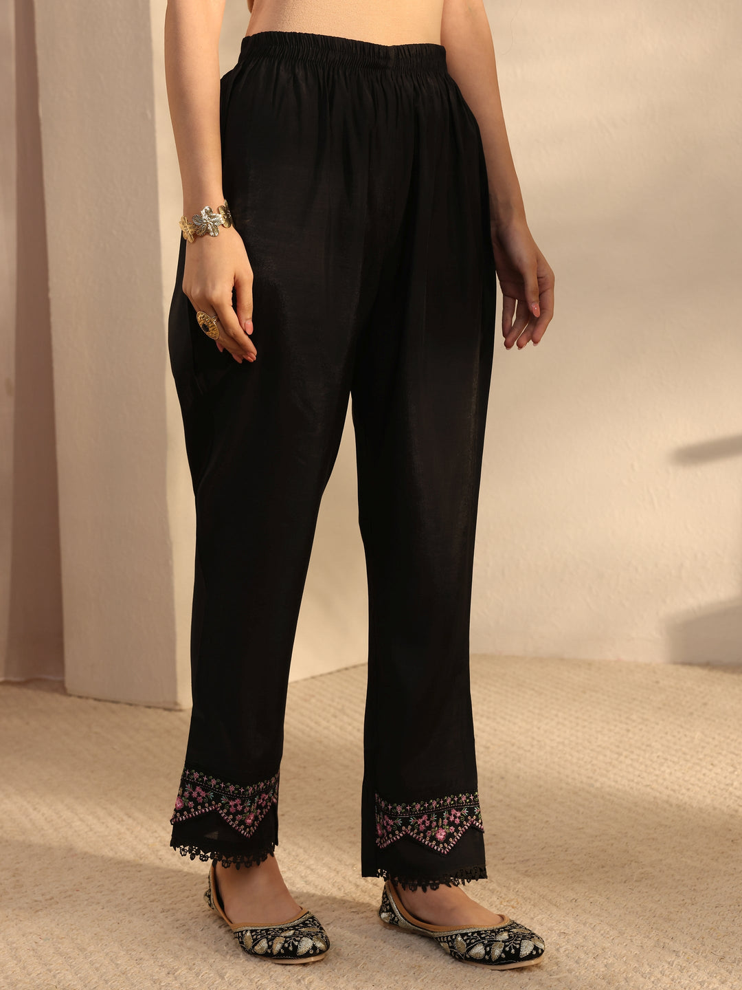  Black Ethnic Embroidered Silk Blend A-Line Suits Set With Dupatta 