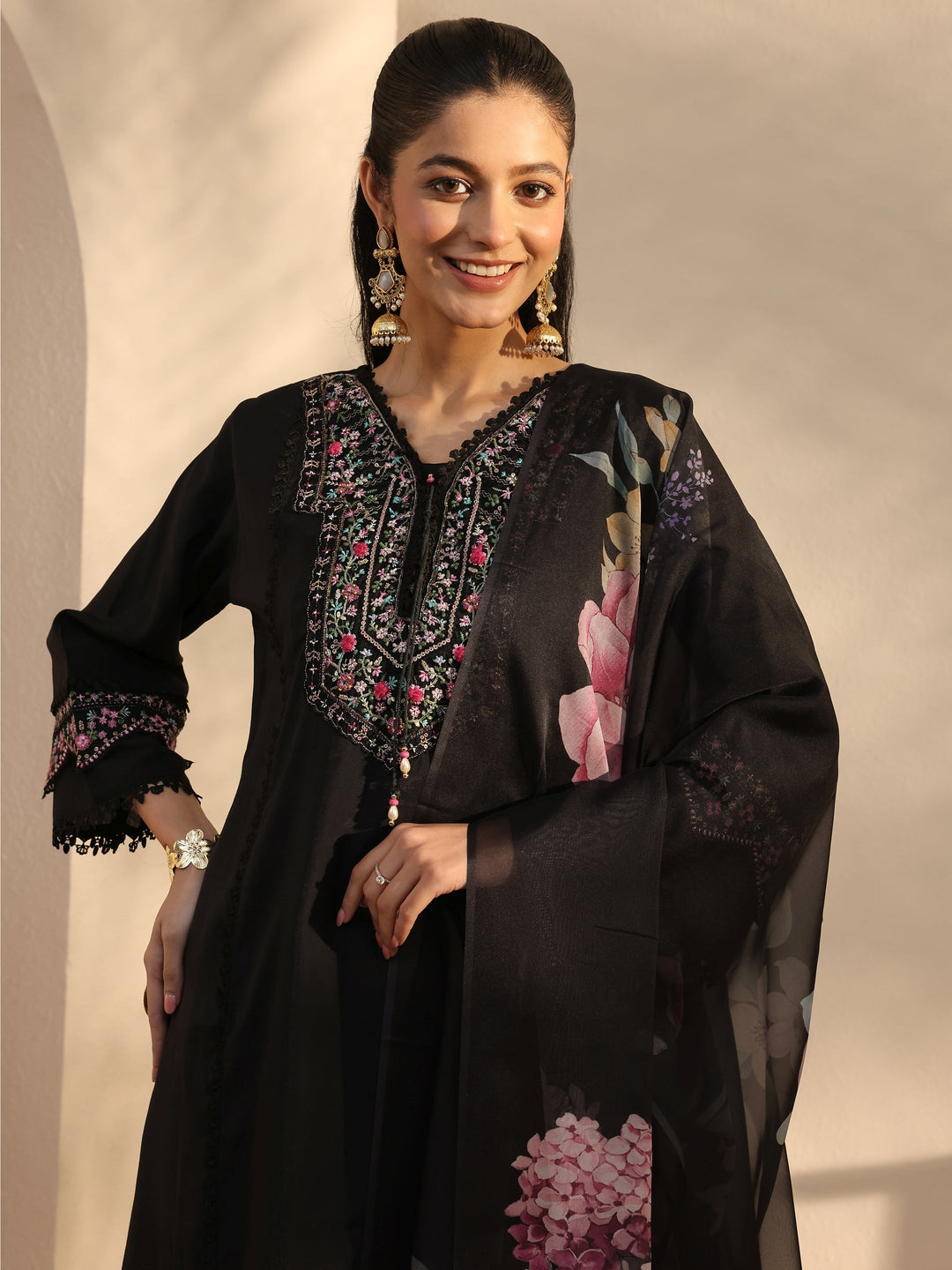 Black Ethnic Embroidered Silk Blend A-Line Suits Set With Dupatta 