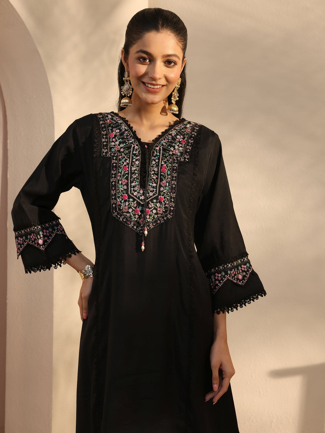  Black Ethnic Embroidered Silk Blend A-Line Suits Set With Dupatta 