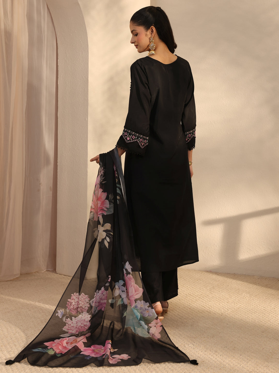  Black Ethnic Embroidered Silk Blend A-Line Suits Set With Dupatta 