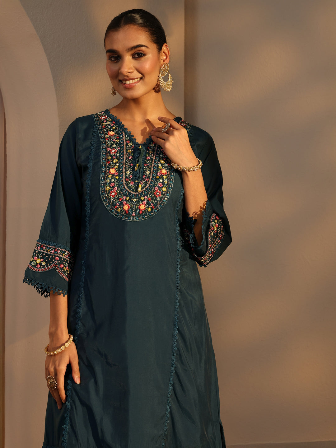  Blue Ethnic Embroidered Silk Blend A-Line Suits Set With Dupatta 