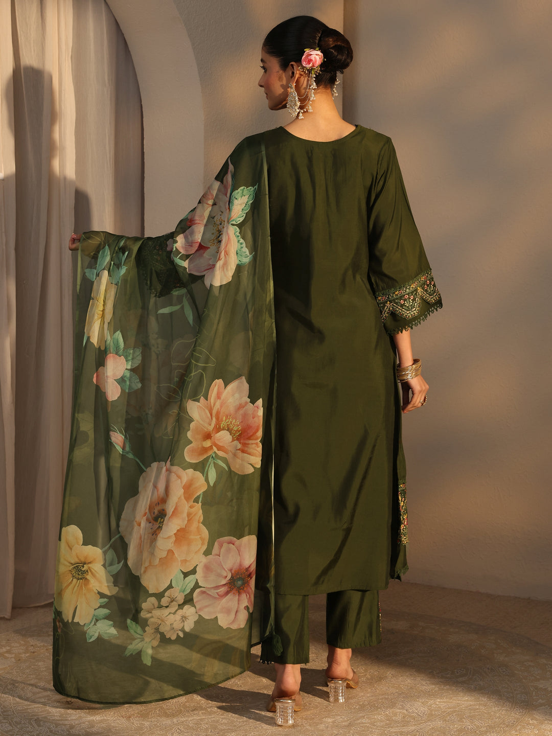  Green Ethnic Embroidered Silk Blend A-Line Suits Set With Dupatta 
