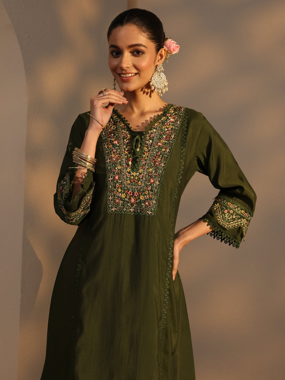  Green Ethnic Embroidered Silk Blend A-Line Suits Set With Dupatta 
