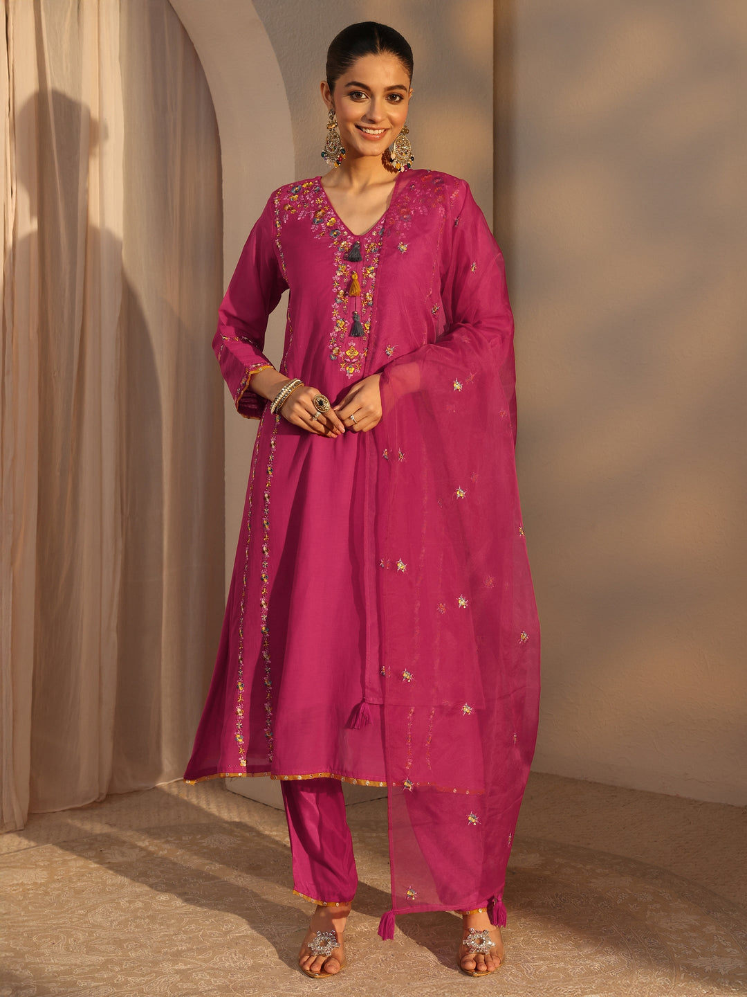  Pink Ethnic Embroidered Chanderi Cotton Straight Suits Set With Dupatta 