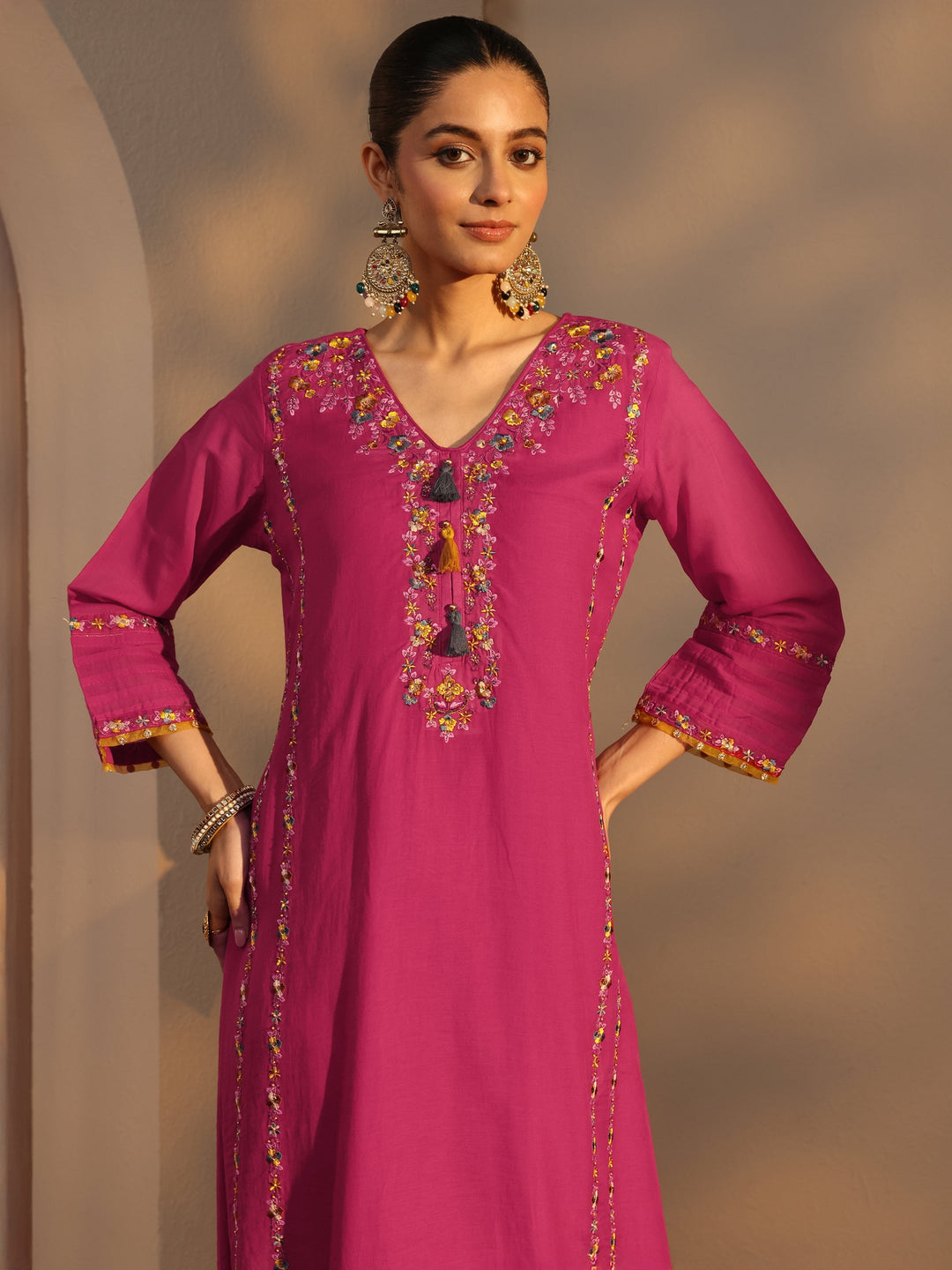  Pink Ethnic Embroidered Chanderi Cotton Straight Suits Set With Dupatta 
