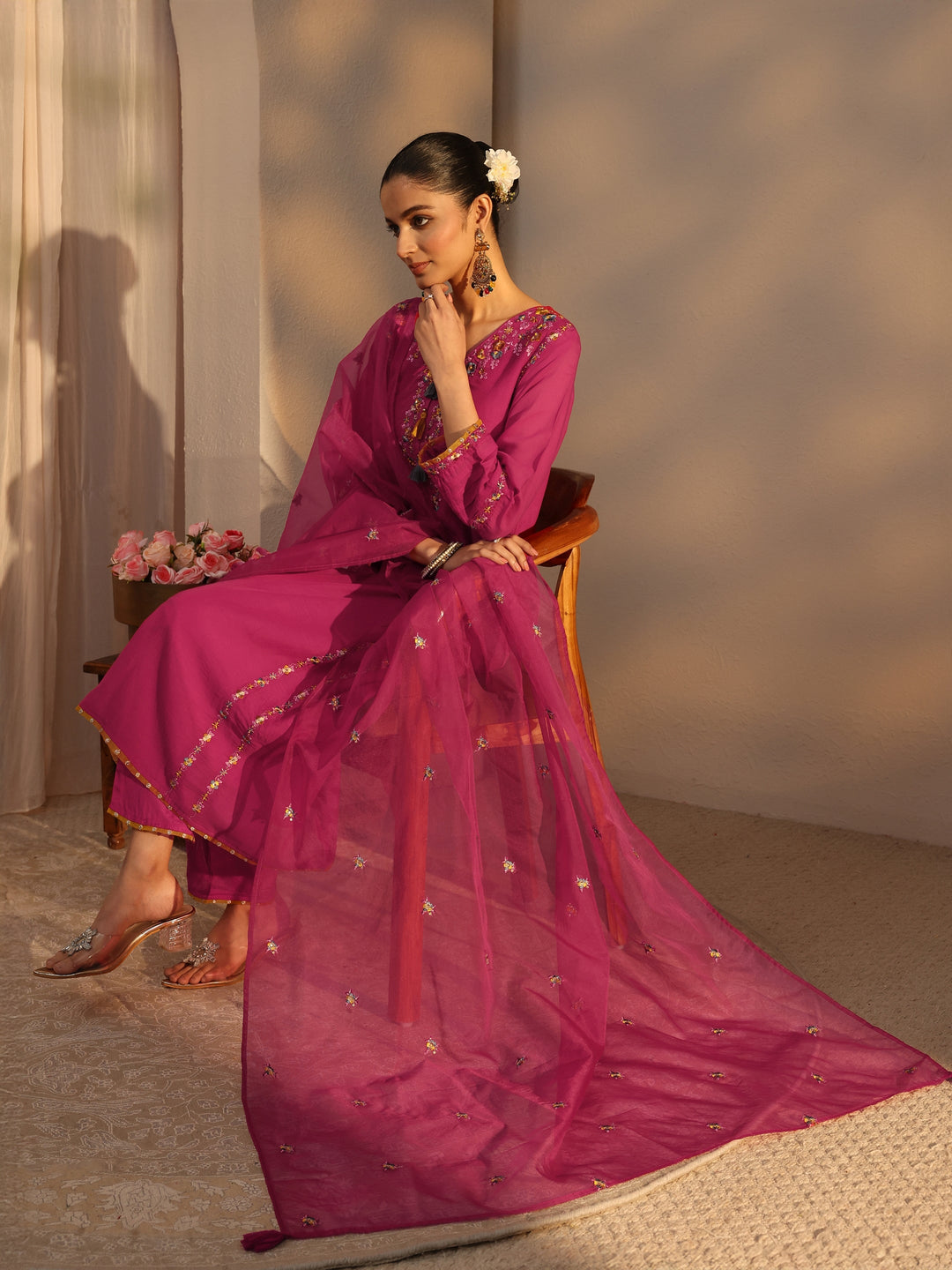  Pink Ethnic Embroidered Chanderi Cotton Straight Suits Set With Dupatta 