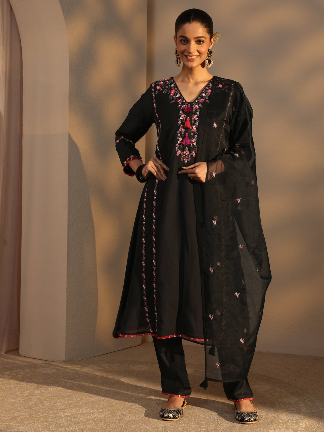  Black Ethnic Embroidered Chanderi Cotton Straight Suits Set With Dupatta 