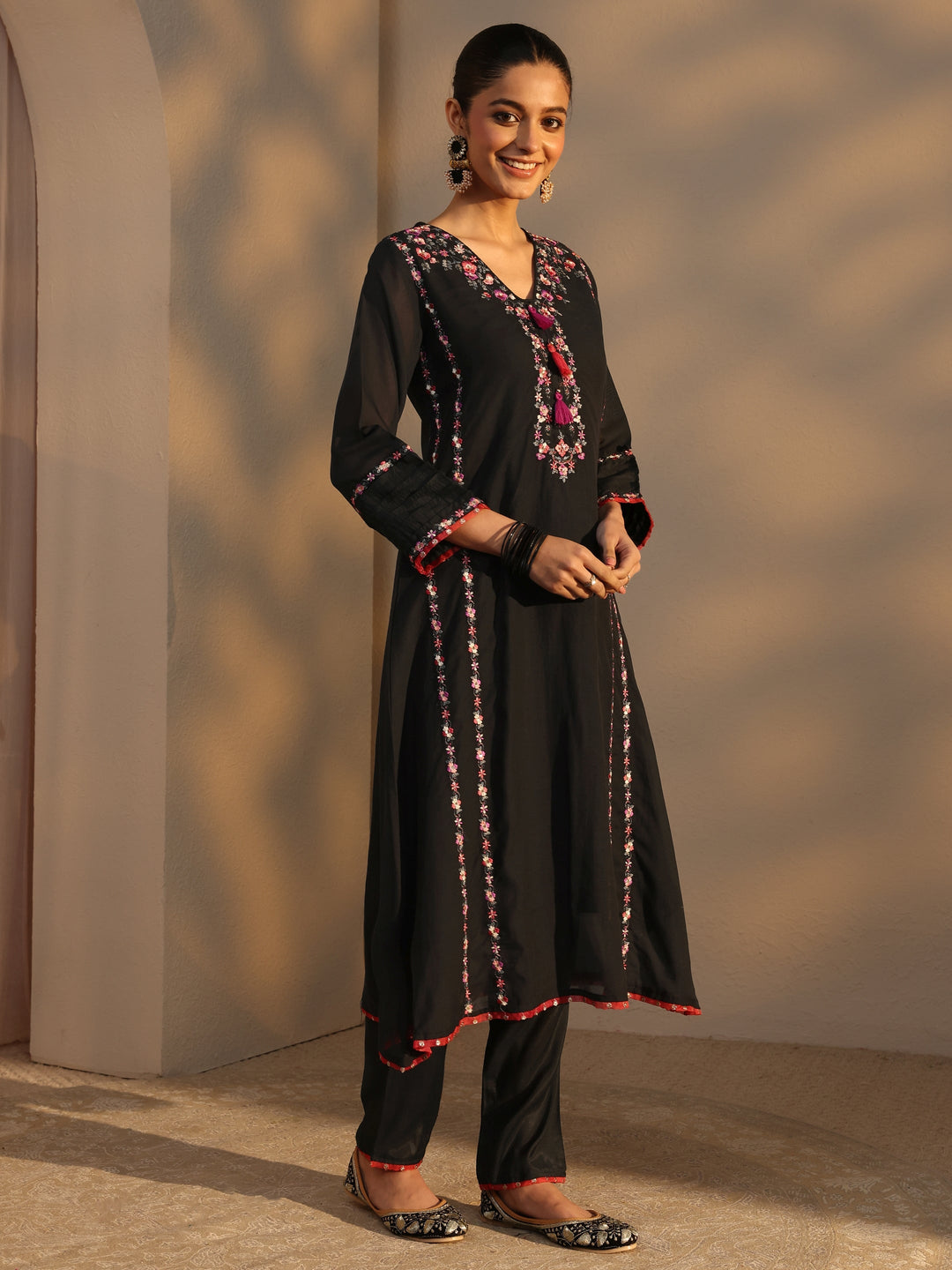  Black Ethnic Embroidered Chanderi Cotton Straight Suits Set With Dupatta 