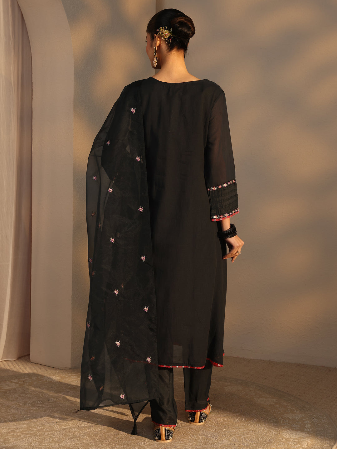  Black Ethnic Embroidered Chanderi Cotton Straight Suits Set With Dupatta 