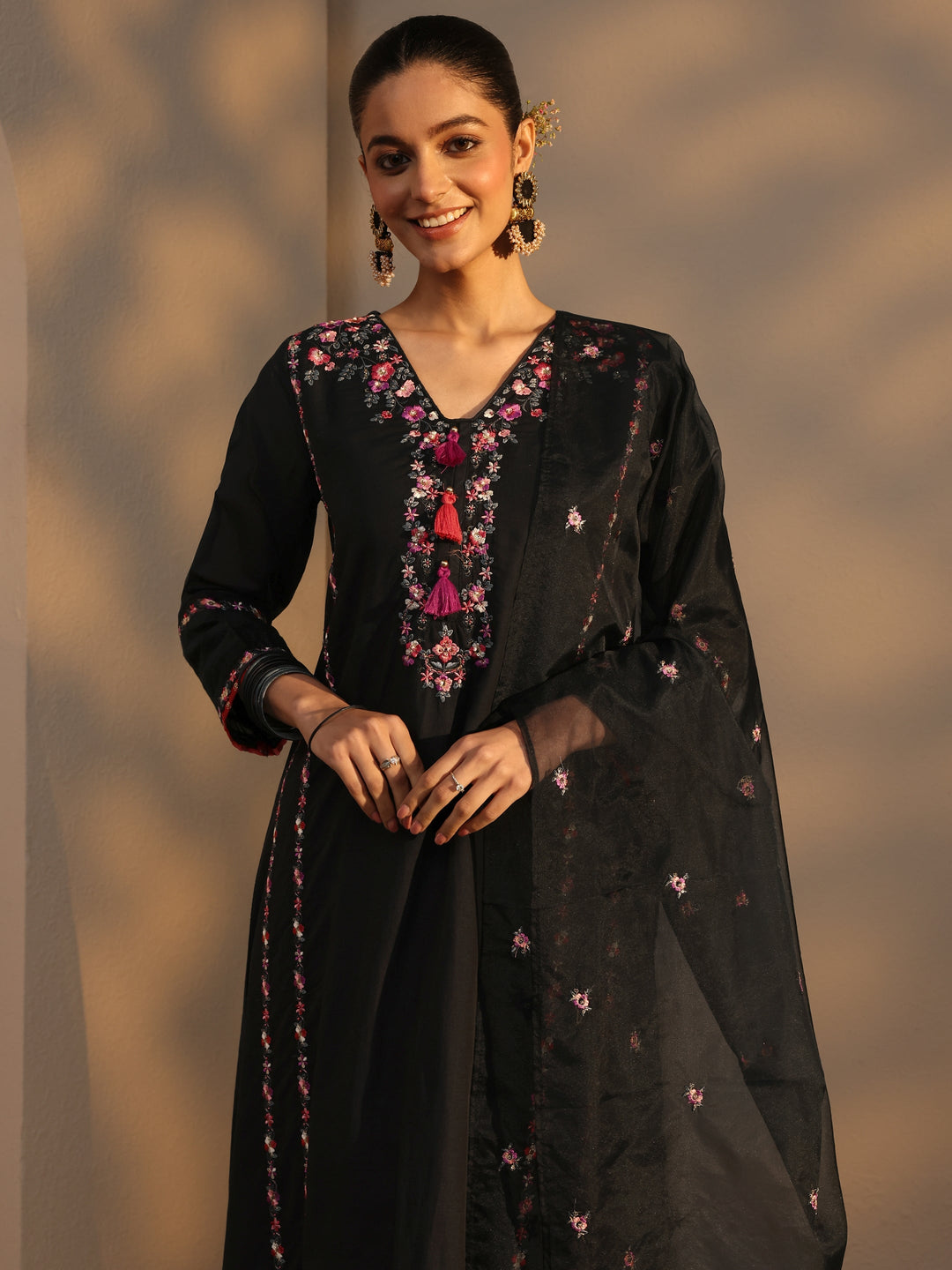  Black Ethnic Embroidered Chanderi Cotton Straight Suits Set With Dupatta 