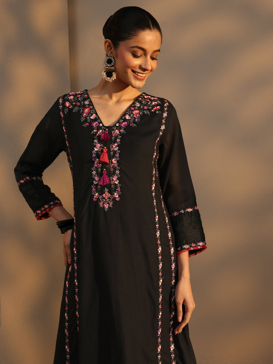  Black Ethnic Embroidered Chanderi Cotton Straight Suits Set With Dupatta 