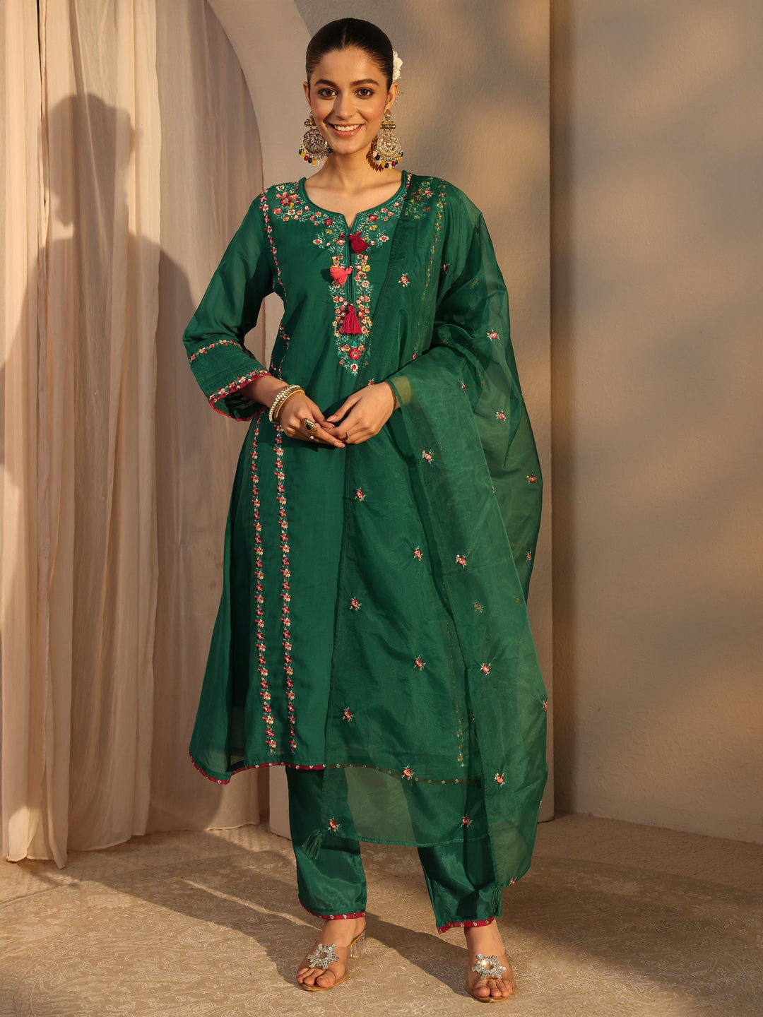  Green Ethnic Embroidered Chanderi Cotton Straight Suits Set With Dupatta 