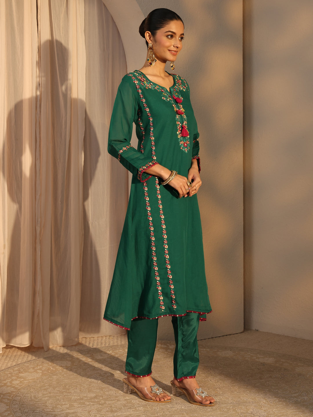  Green Ethnic Embroidered Chanderi Cotton Straight Suits Set With Dupatta 