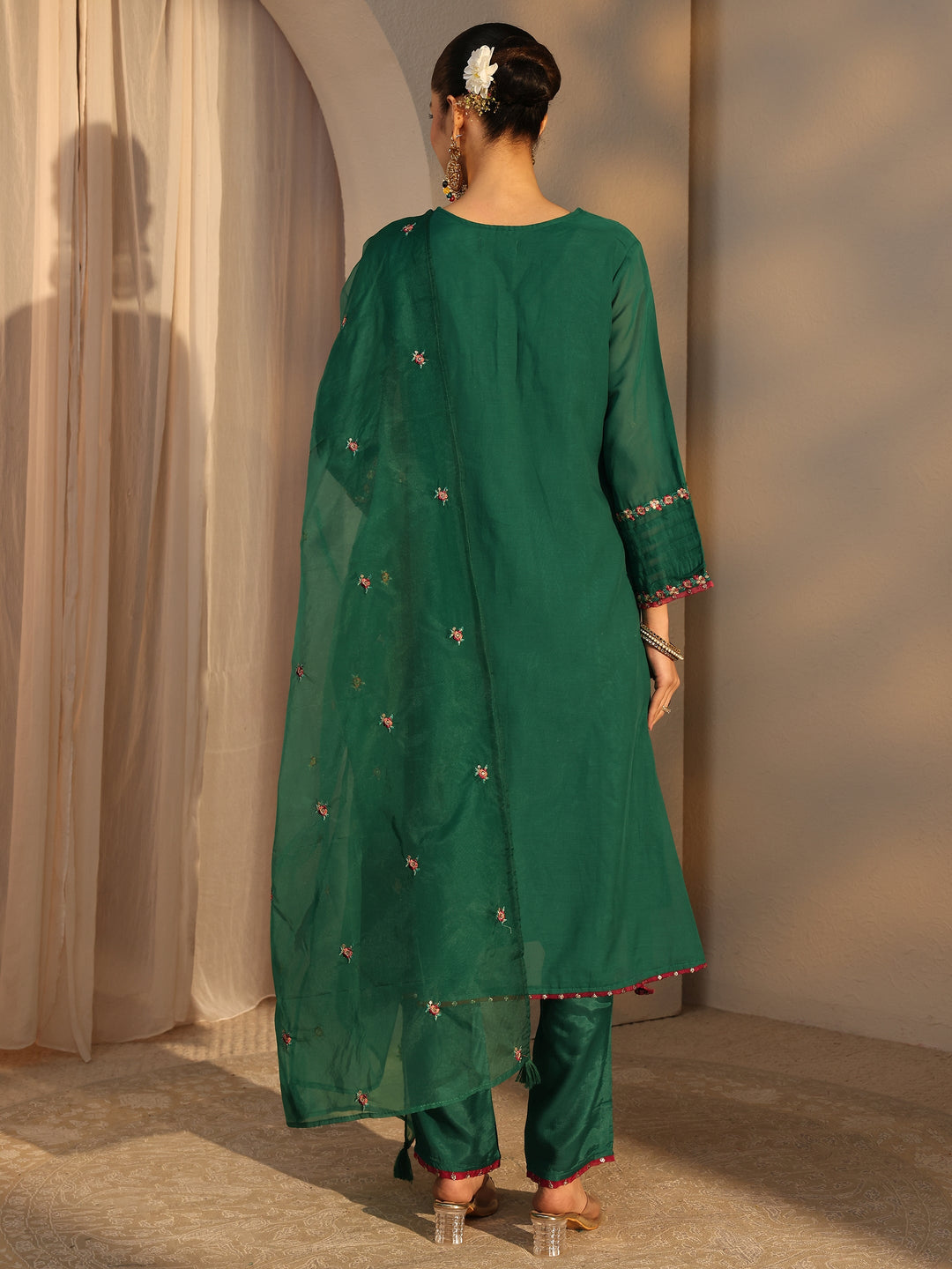  Green Ethnic Embroidered Chanderi Cotton Straight Suits Set With Dupatta 