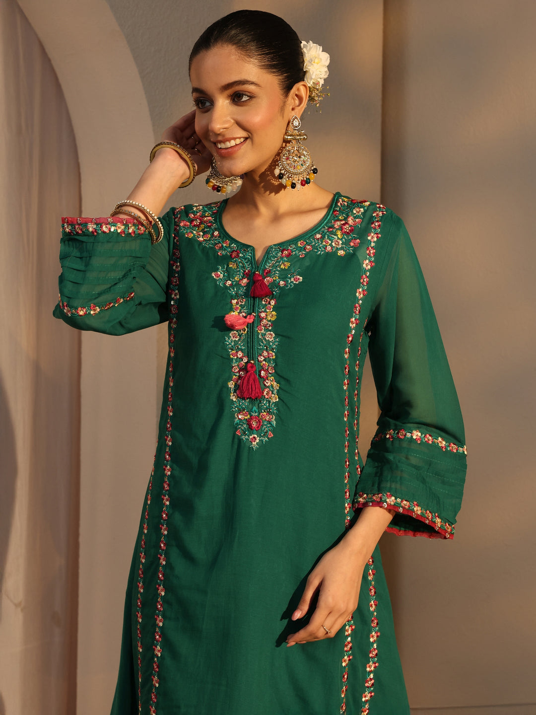  Green Ethnic Embroidered Chanderi Cotton Straight Suits Set With Dupatta 