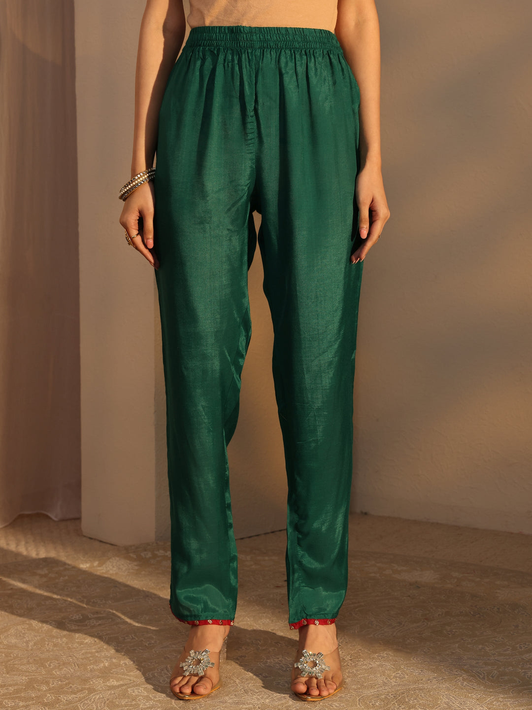  Green Ethnic Embroidered Chanderi Cotton Straight Suits Set With Dupatta 