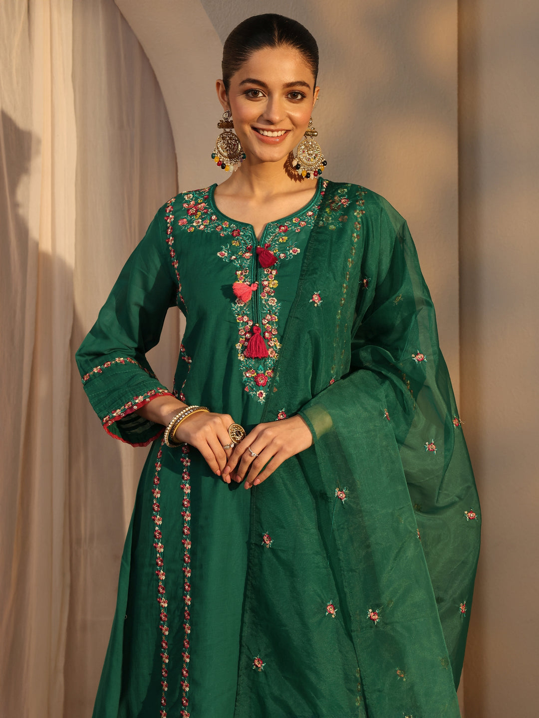  Green Ethnic Embroidered Chanderi Cotton Straight Suits Set With Dupatta 