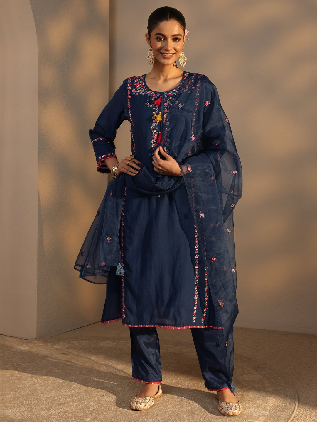  Blue Ethnic Embroidered Chanderi Cotton Straight Suits Set With Dupatta 
