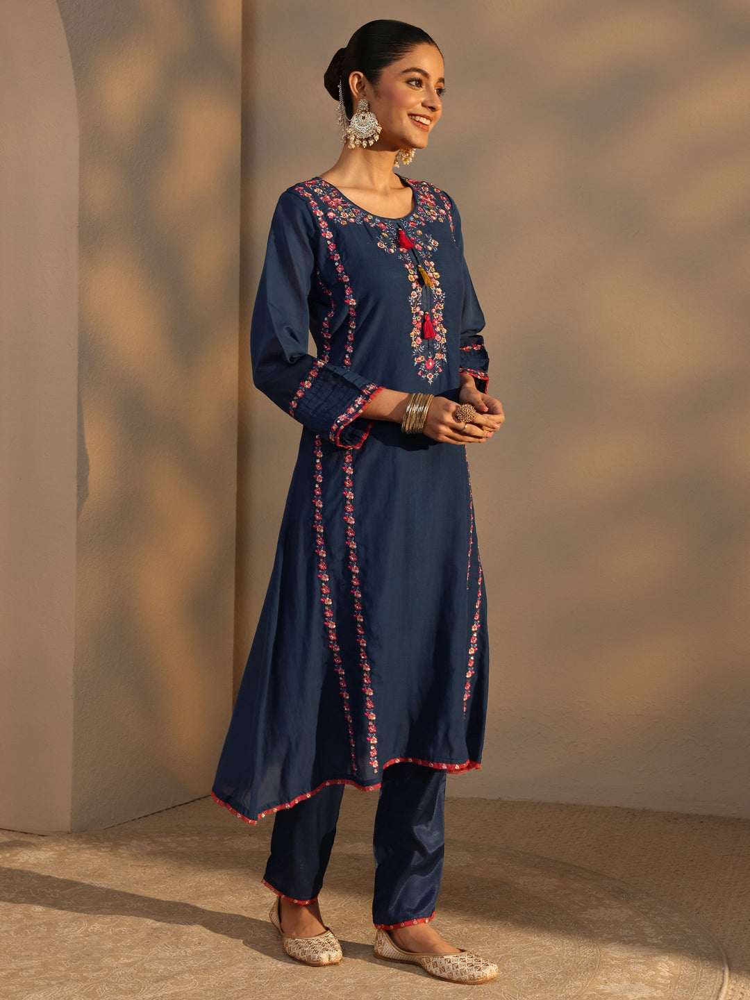  Blue Ethnic Embroidered Chanderi Cotton Straight Suits Set With Dupatta 
