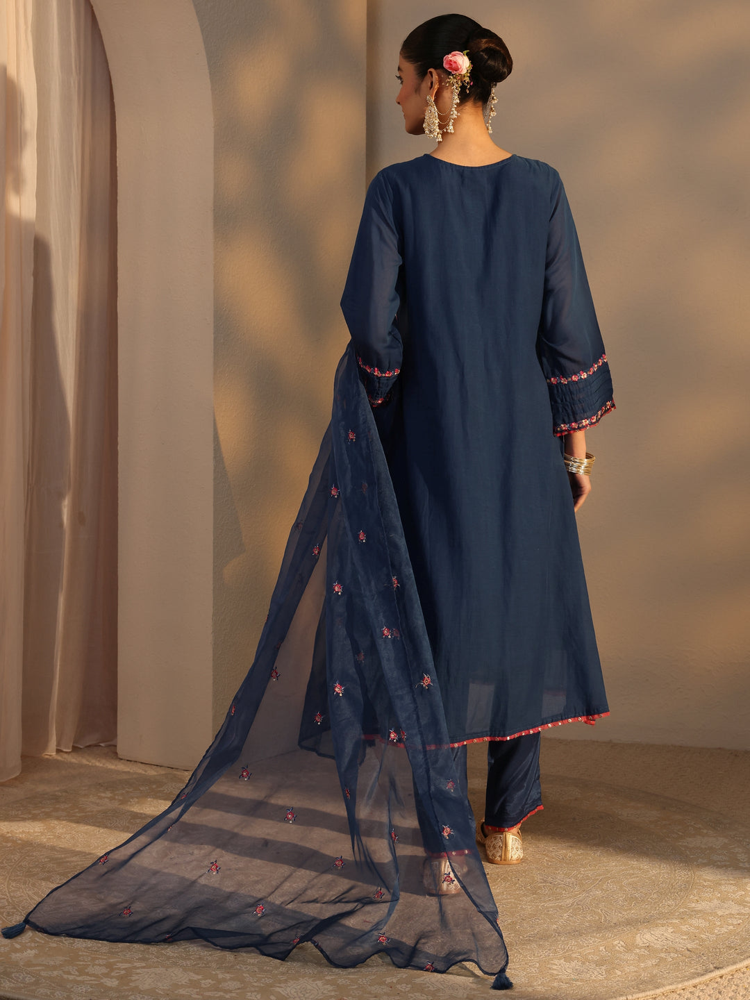  Blue Ethnic Embroidered Chanderi Cotton Straight Suits Set With Dupatta 