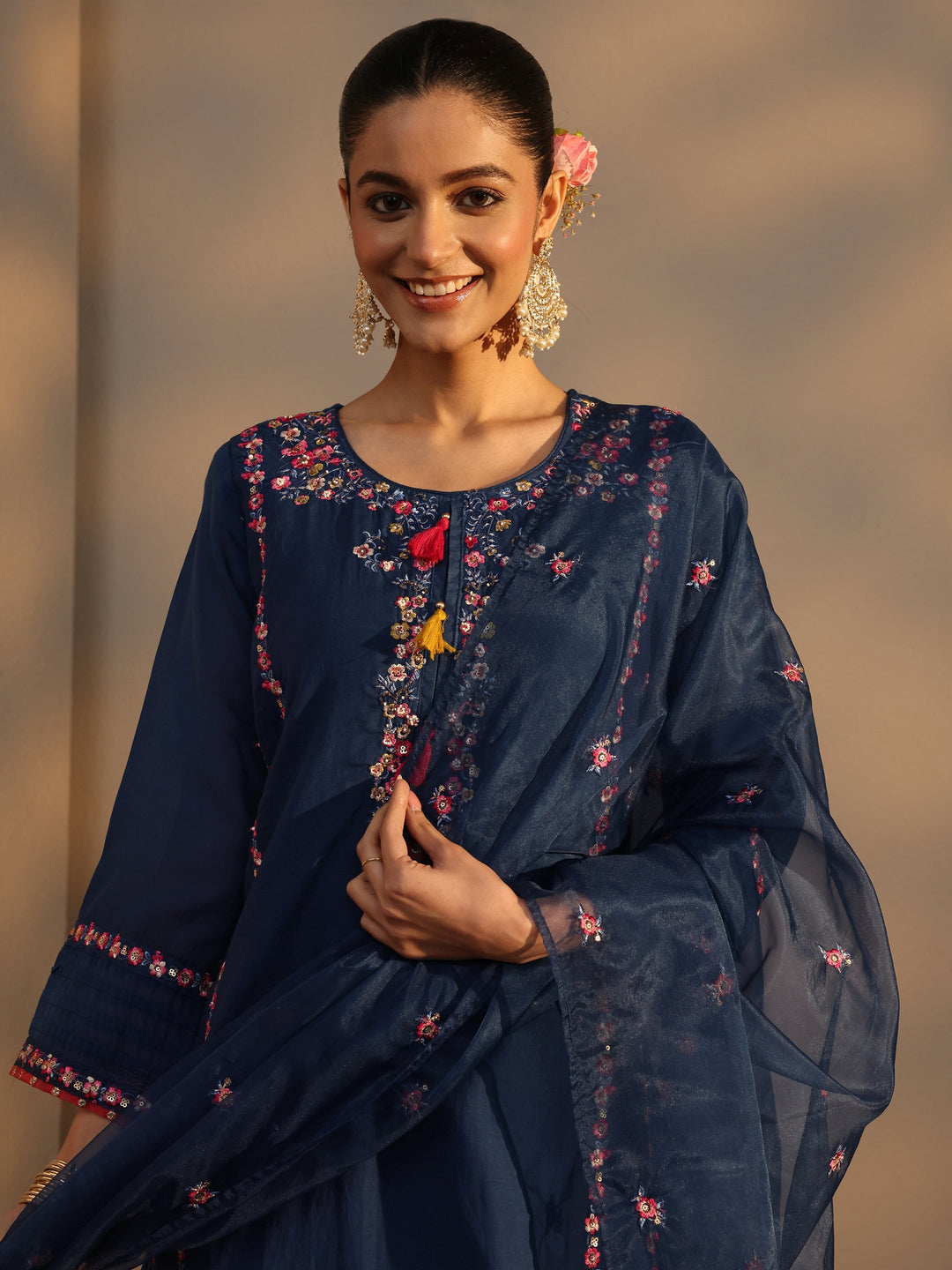  Blue Ethnic Embroidered Chanderi Cotton Straight Suits Set With Dupatta 