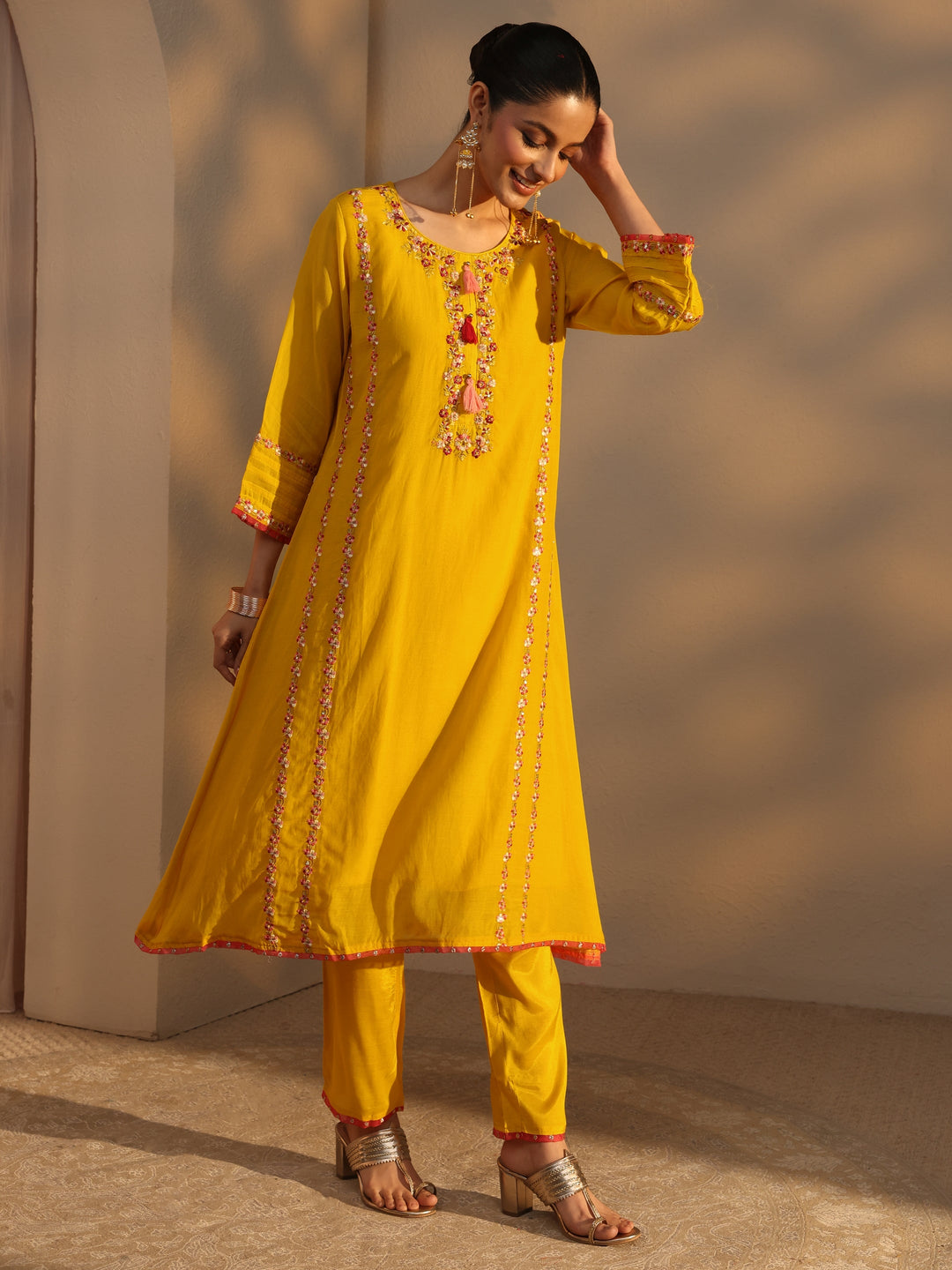  Yellow Ethnic Embroidered Chanderi Cotton A-Line Suits Set With Dupatta 