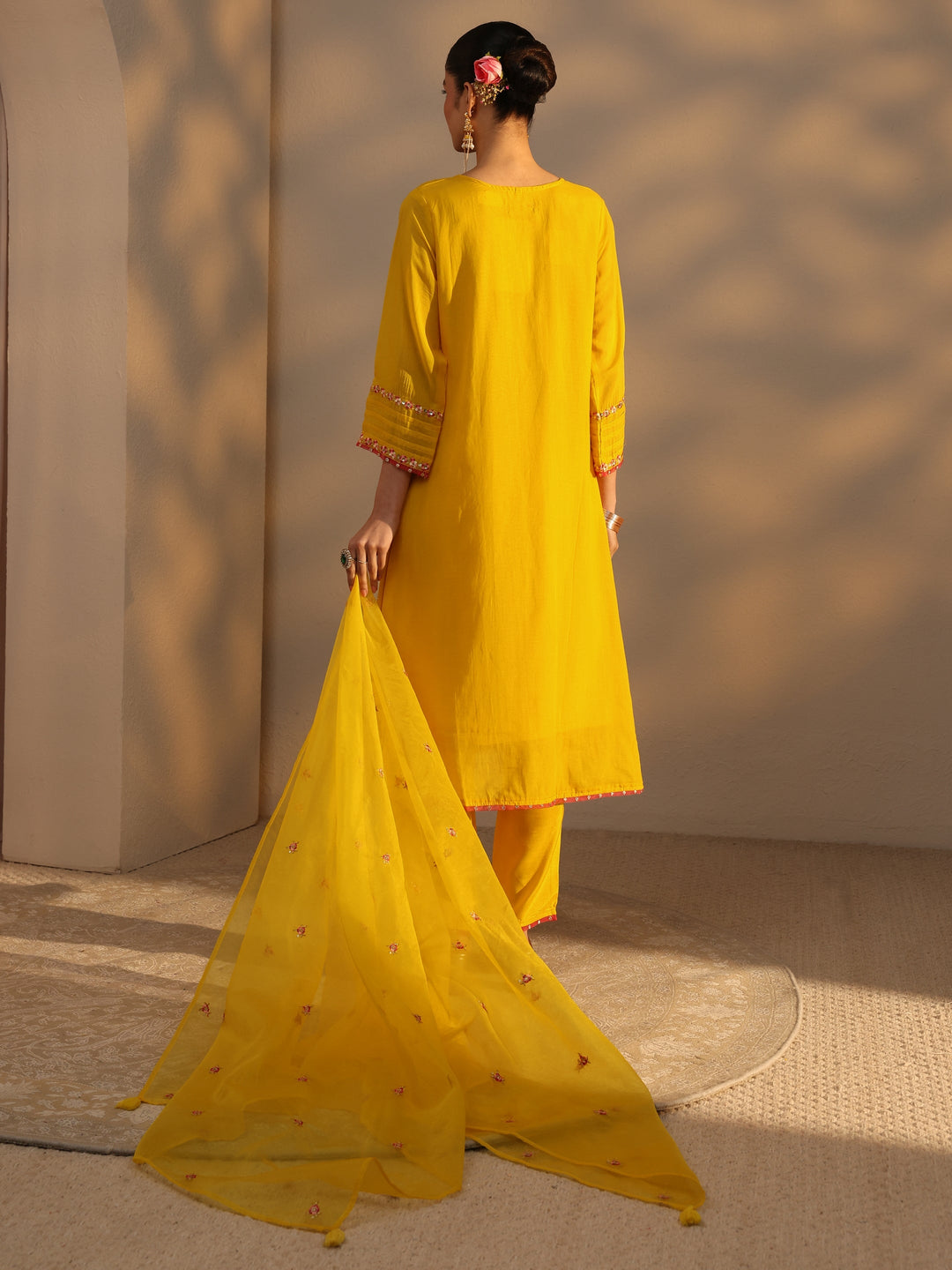  Yellow Ethnic Embroidered Chanderi Cotton A-Line Suits Set With Dupatta 