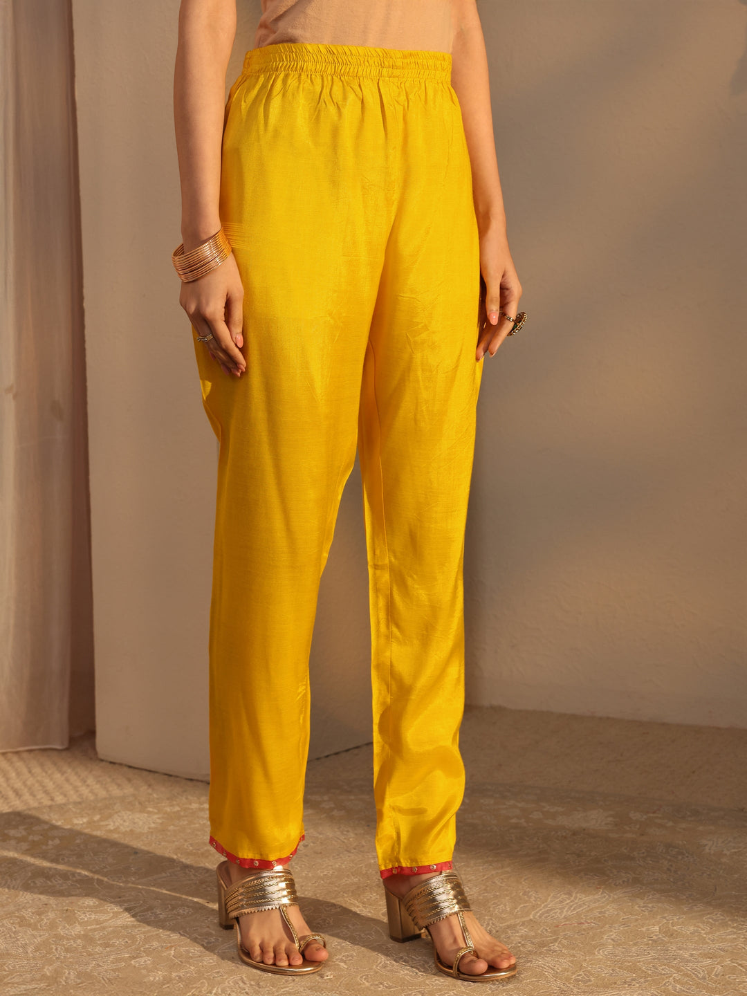  Yellow Ethnic Embroidered Chanderi Cotton A-Line Suits Set With Dupatta 