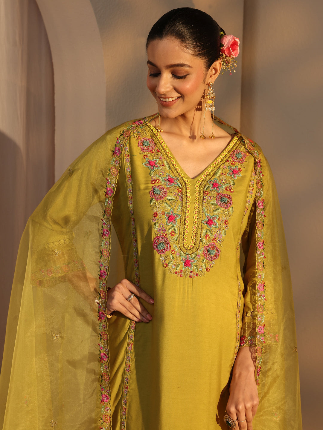  Mustard Ethnic Embroidered Silk Blend Straight Suits Set With Dupatta 